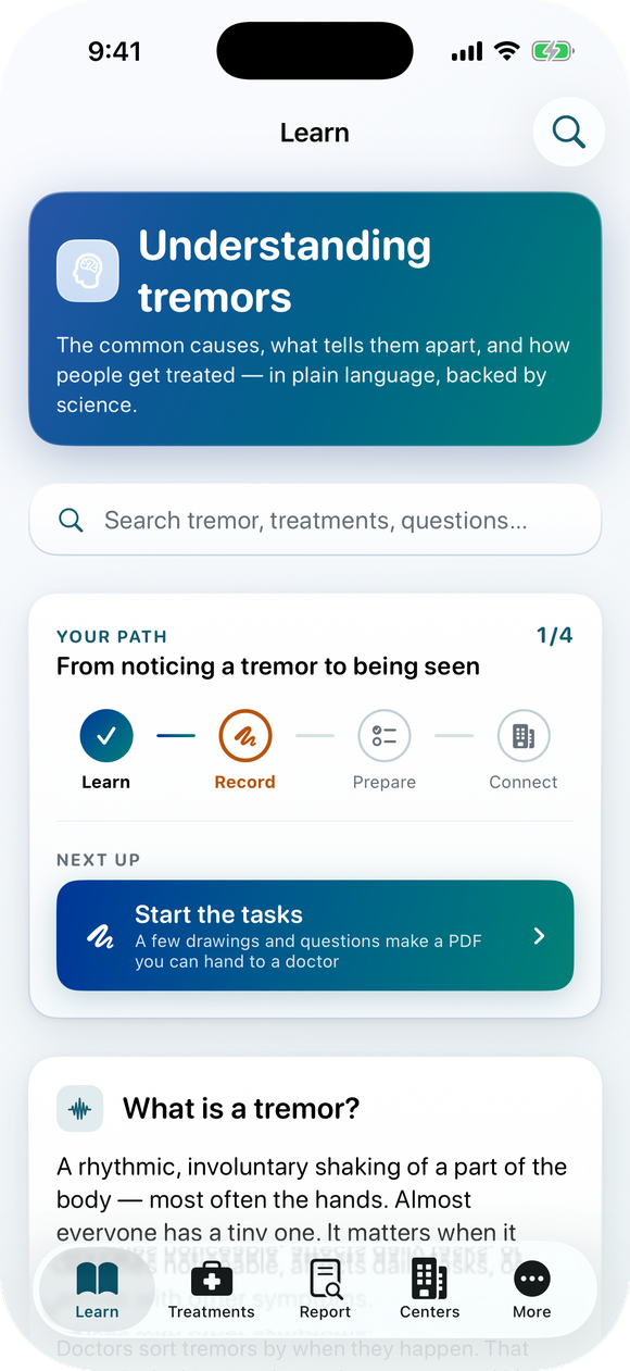 TRMR open on an iPhone, showing the Learn tab with a guide to understanding tremor.