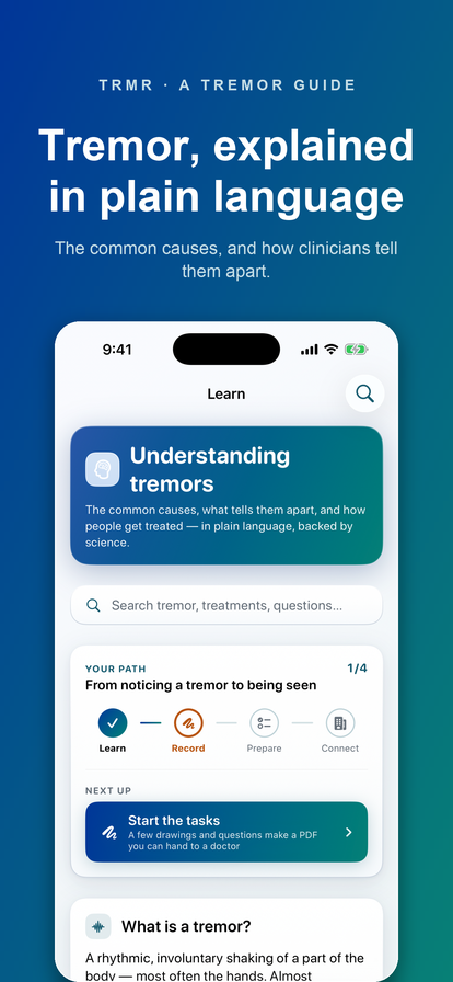 The Learn tab: a plain-language guide to what causes tremor and how clinicians tell the causes apart.