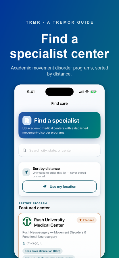 Find care: U.S. academic medical centers with movement disorder programs, sortable by distance.